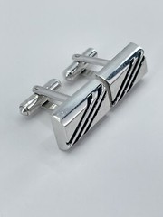Cufflinks Rectangle Silver tone with horizontal black enamel lines