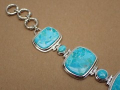 JTV Turquoise Link Bracelet Cushion Oval & Round Stones Sterling Silver 8-1/2″