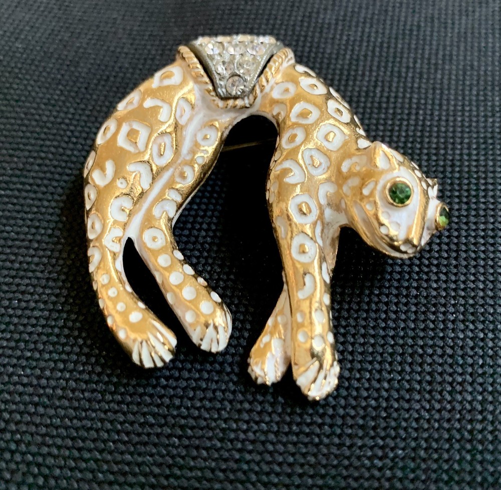 Vtg Florenza Gold Tone Glass Eyes Rhinestone Jaguar Leopard Brooch Pin