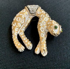 Vtg Florenza Gold Tone Glass Eyes Rhinestone Jaguar Leopard Brooch Pin