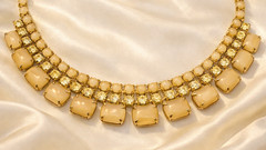 Vintage Champagne Glow Satin Glass Cabochon & Rhinestone Choker Necklace 15”