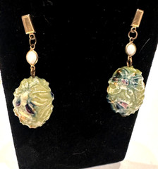 VINTAGE KASHMIRI DANGLE & GREEN LUCITE EGG OVAL FRENCH WIRE EARRINGS LOT 2 PAIR