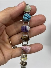 Vintage Link Semi Precious Gem Stone Polished Rocks Clasp Bracelet nuggets