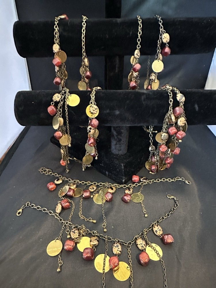 Red Orange Copper Gold Dangle Bib Necklace Bracelet Belt Vintage U Design Jewel