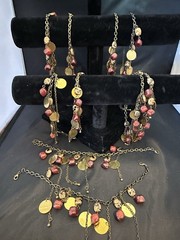 Red Orange Copper Gold Dangle Bib Necklace Bracelet Belt Vintage U Design Jewel