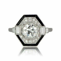 Vintage Onyx & Lab-Created Diamond Art Deco Hexagonal Style 925 Silver Gift Ring