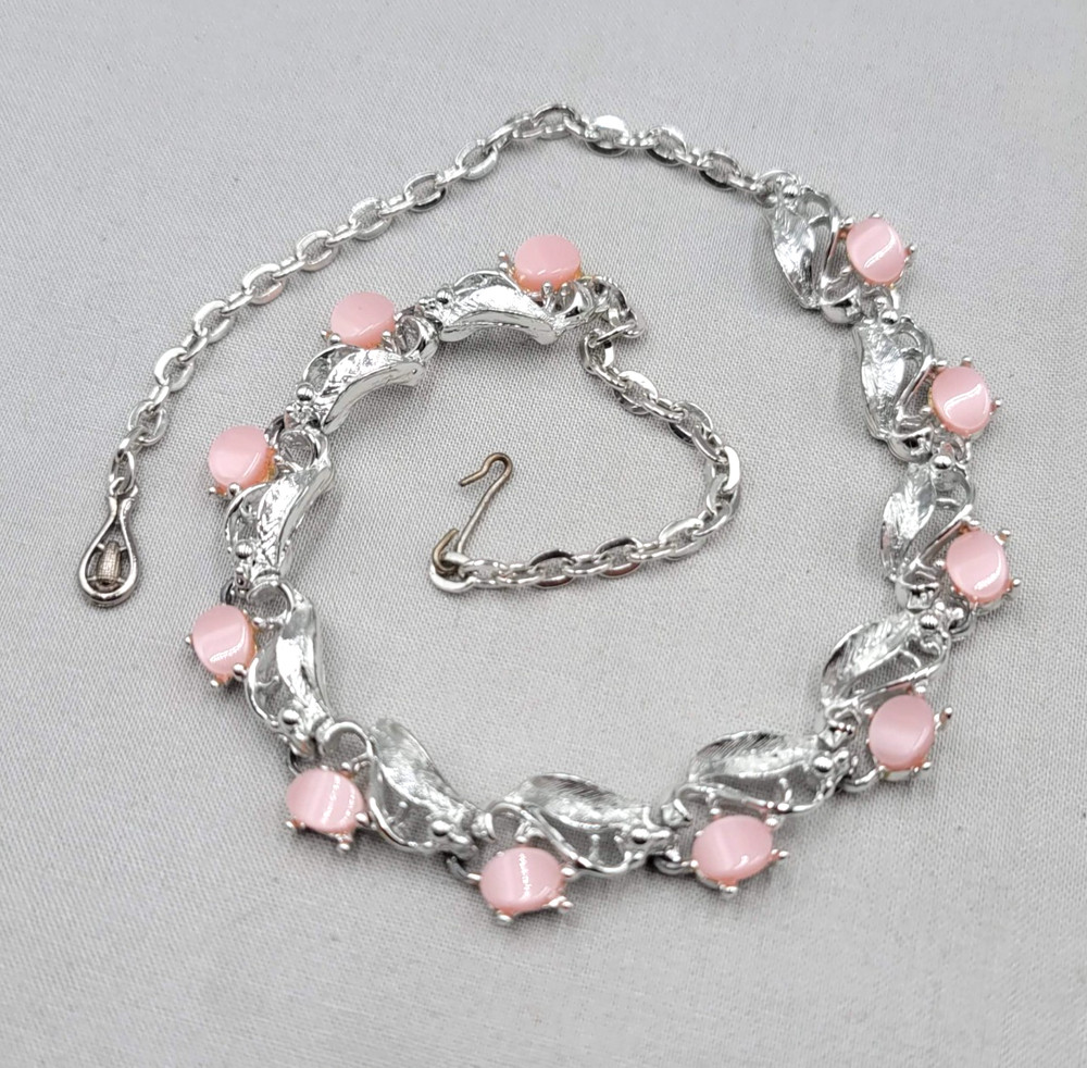 Vintage Pink Thermoset Necklace Estate Costume Jewelry Silver tone 13″-17″