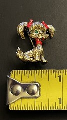 2 Vintage Sarah Coventry DOGS Brooch/Pin with Red HAIR BOWS and GREEN EYES