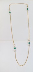 Vintage Faux White Pearl & Faux Green Jade Beads on Gold Tone Chain Necklace