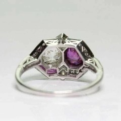 Art Deco Style Lab Created Diamond & Red Ruby Wedding 14k White Gold Finish Ring