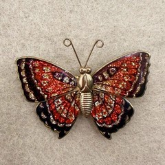 Vintage Butterfly Brooch | Red Gold Foiled Enamel Figural Mid Century Modern Pin