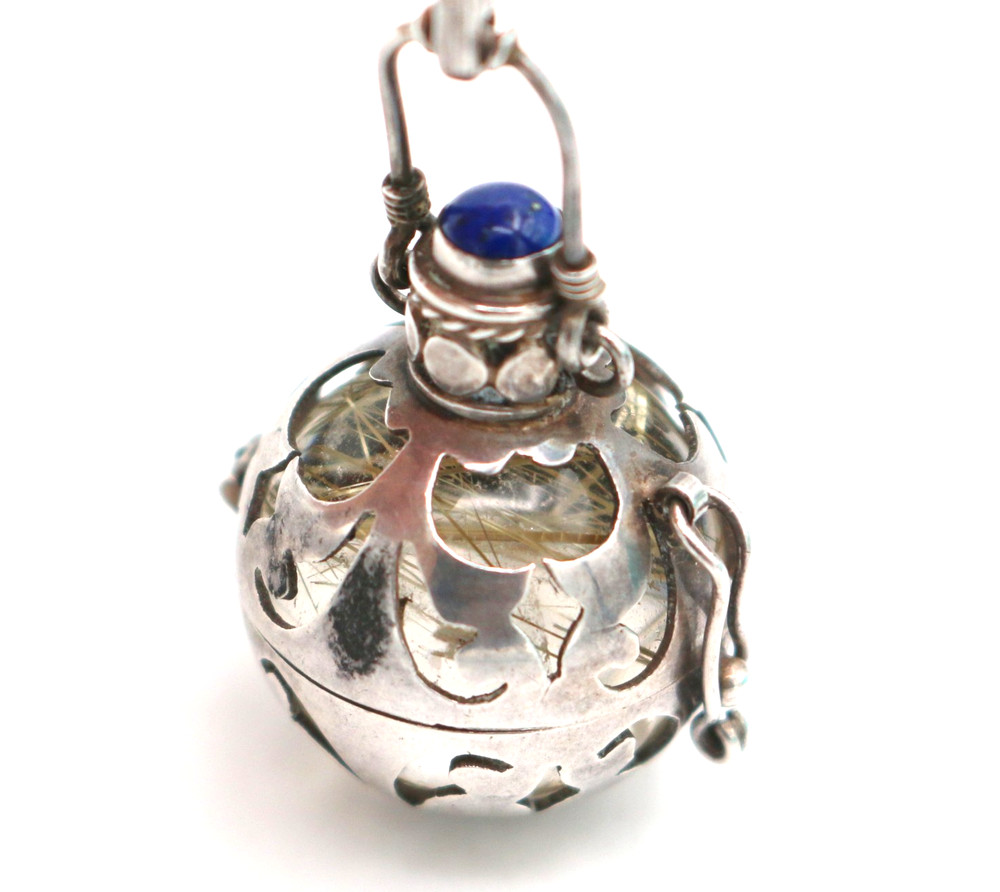 VTG Sterling Silver Golden Rutilated Quartz Harmony Ball w/ Lapis Lazuli Pendant