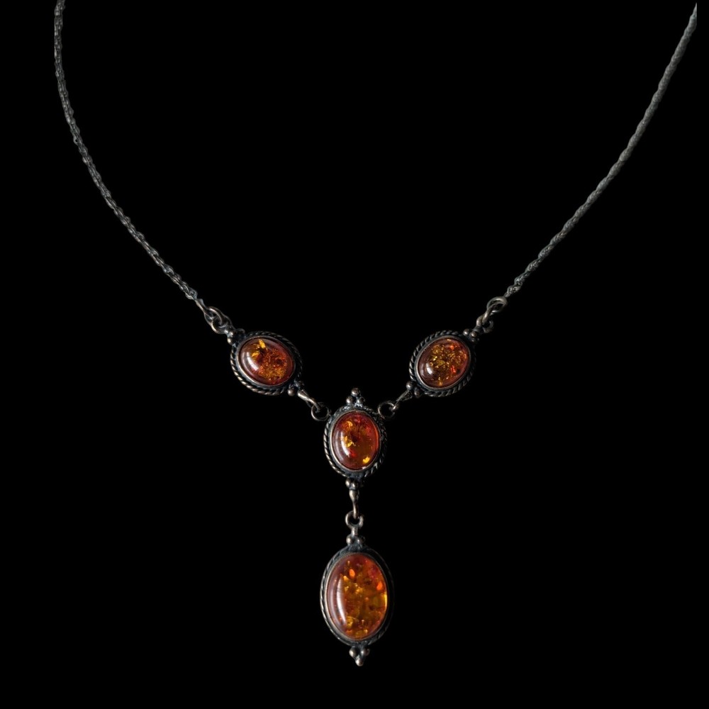 Vintage Dainty Baltic Amber Sterling Silver Y Drop Lavalier Pendant Necklace…