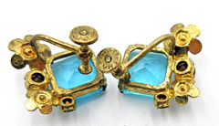 VTG SIGNED UNUSUAL FLOWER white blue gold tone Earrings RHINESTONE GLASS ENAMEL