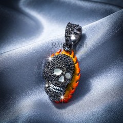 925 Sterling Silver Flaming Skull Pendant Black Moissanite Hip Hop Charm Unisex