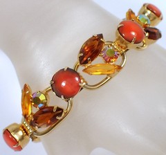 Vtg Juliana DeLizza & Elster 5 Link Pink Red Yellow Navette Rhinestone Bracelet