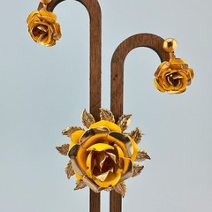 Vintage Yellow Enamel Flower Brooch Dangle Earrings Set Gold Tone Cabbage Rose