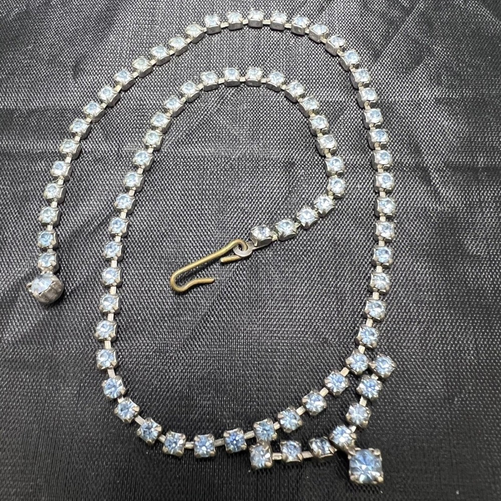 Vtg Blue Rhinestone Choker 14″ Necklace Dainty Silver Tone Party Jewelry Glame