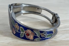 Vintage Unicorn Cloisonne Blue Enamel Cuff Bracelet Silver Tone Clamper Hinged
