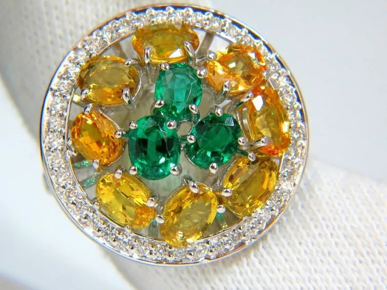 Amazing 5.22ctw Fancy Yellow Sapphires & Vivid Green Emeralds Cluster Women Ring