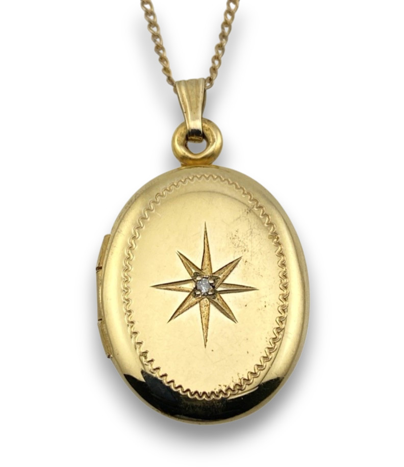 Vintage Winard Gold Filled Oval Locket Star and Diamond Necklace 17 Inches