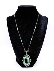 Large Art Deco UG Uranium Glass Rhodium Plated Filigree Necklace Vintage Jewelry
