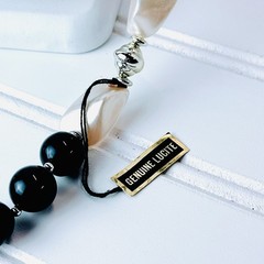 Vtg 1960s Beaded Necklace – 28” -Tagged GENUINE LUCITE -Black Pearl Silver Beads