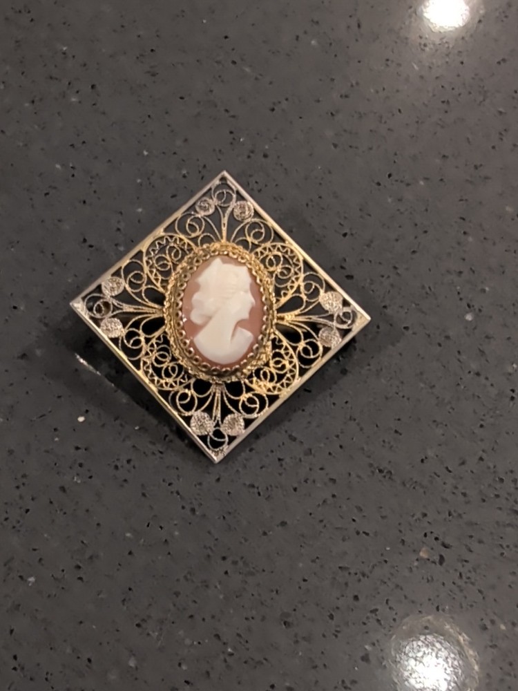 Vintage Shell Cameo Brooch 900 Silver Filigree 1.25″ Q23