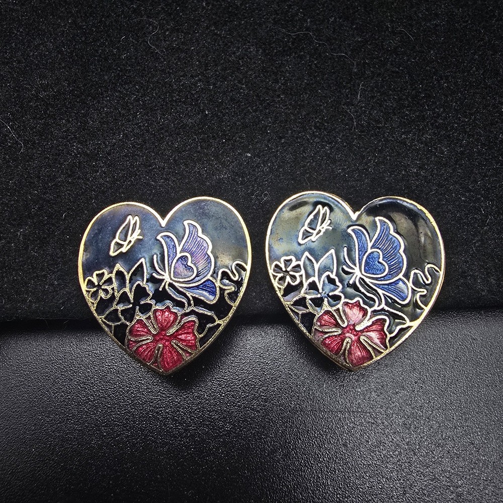 Cloisonne Butterfly Heart Earrings Enamel Black Purple Vintage Jewelry