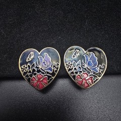 Cloisonne Butterfly Heart Earrings Enamel Black Purple Vintage Jewelry