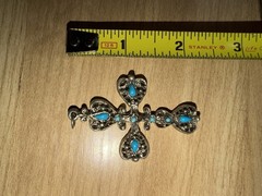 Vintage Silver Tone Roma Ornate Filligree Cross Faux Turquoise Cross Pendant