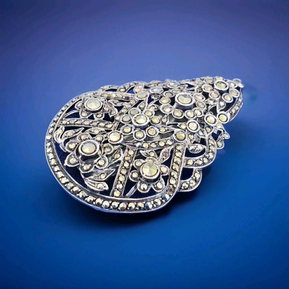 Vintage ORIGINAL Deco STERLING SILVER Diamond Cut Marcasite Brooch Clip BROACH