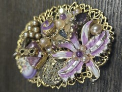 Vintage Maximal Collage Brooch Pin Mixed Media Art Materials rare Purple Floral