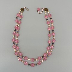 Vintage Flower Bead Necklace Pink Lucite Double Strand Gold Tone Findings Hippy
