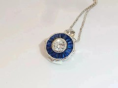 Art Deco Style Lab Created Sapphire & Diamond Wedding 14k White Gold FN Pendant