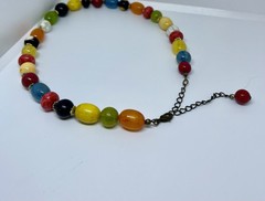 Vintage 70s Colorful Green Red Blue Black Yellow Beaded White Multi Aprox. 16”
