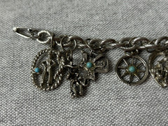 Vintage Cowboy Western Theme Charm Bracelet Silver Tone with Blue Stones