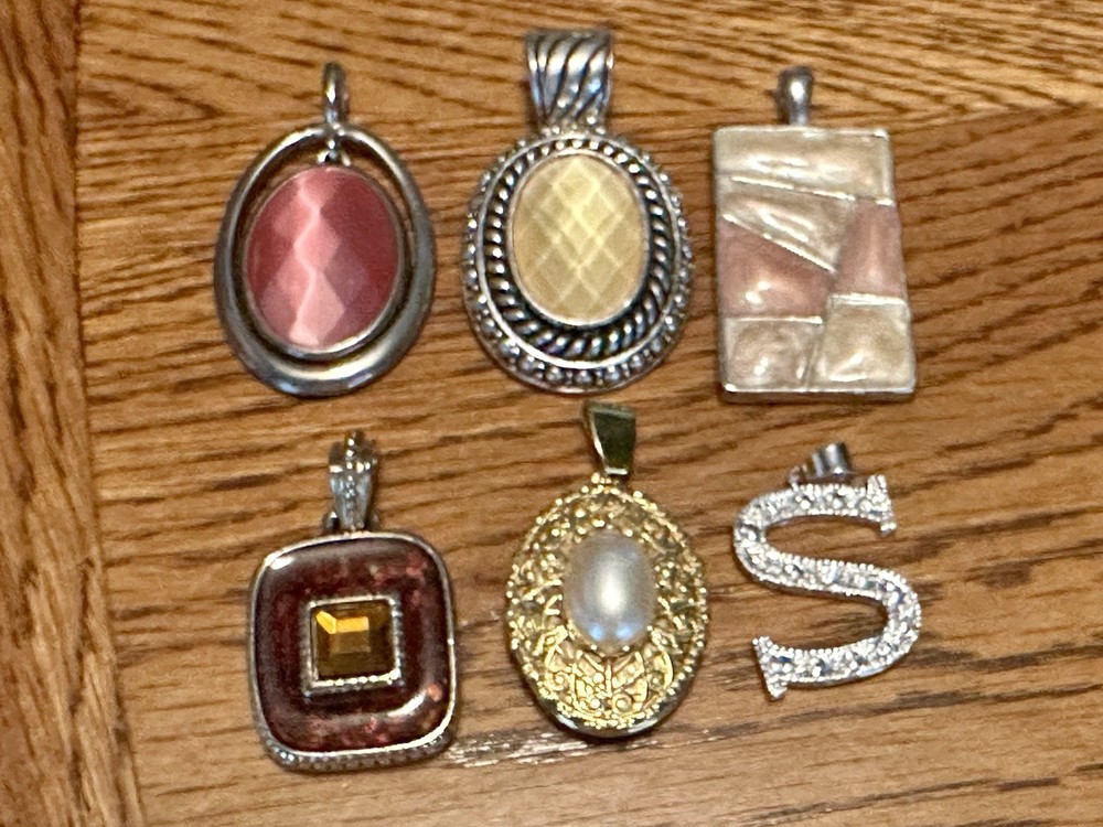 Lot of 6 Vintage Silver Tone & Gold Tone Pendants Faceted Enamel Rhinestones