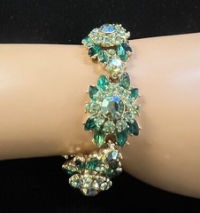 Trifari Signed Green Gold Tone Rhinestone Flower Contessa Bracelet & Earrings