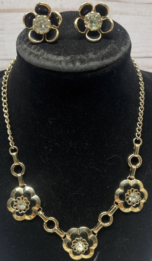 VTG Signed Barclay Necklace & Screw Earrings Set Gold Tone Rhinestone Flower