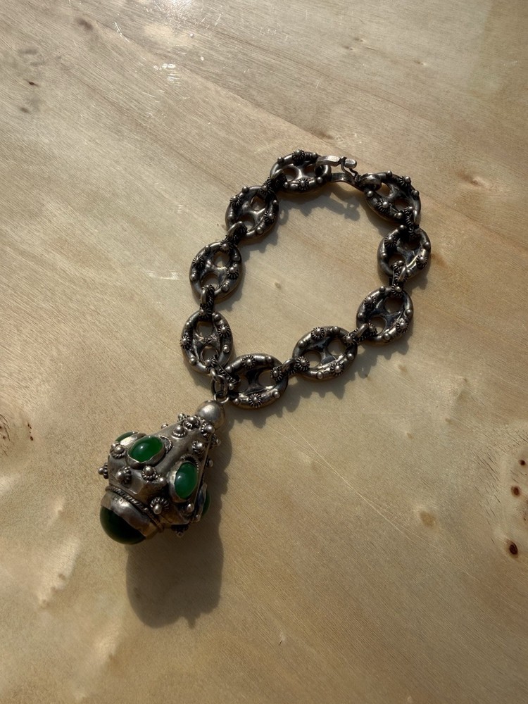 Vtg 800 Silver Etruscan Mariner Link Bracelet Green Tourmaline Lantern 28g 7″