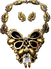 LILIEN CZECH Huge Black Glass Rhinestone Butterfly Necklace Earring Set