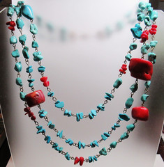 Blue Turquoise Red Coral Nugget 3 Strand Adjustable Length Western Necklace