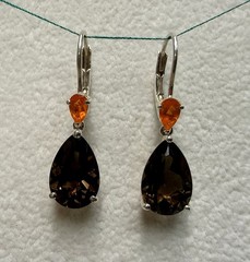 Sterling Silver 925 Fire Opal & Smoky Quartz Pear Cut Dangle Leverback Earrings