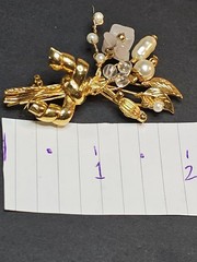 Vintage Floral Spray Brooch Gold tone Faux Pearls Pink Stone Chips Delicate Pin