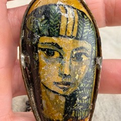 Vintage Necklace Hand Painted Portrait Double Sided Egyptian Revival Copper 28”