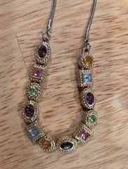 Vintage 15″ Gold Tone Multi Color Rhinestone Station Necklace Snake Chain Retro