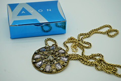Vintage Avon 2008 Embellished Rhinestone Hematite Colored Medallion Necklace NIB