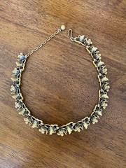 Vintage Trifari Brass Toned Leaf & Rhinestone Flower Choker Necklace AS IS