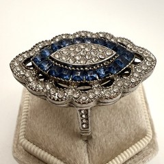 Vintage Art Deco Revival Blue Rhinestone Navette Cocktail Ring Silver Tone 9.75